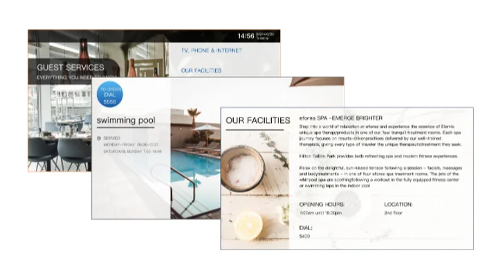 Pantallas especiales del sistema IPTV hotel, para la promoción de los servicios, así como centros de consumo y lugares de esparcimiento